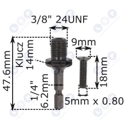 Przelotka 1/4'' hex na 3/8'' gwint adapter do wkrętarki zakrętarki