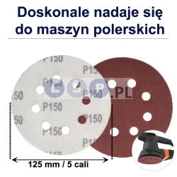 PAPIER ŚCIERNY 125 KRĄŻKI SAMOPRZYLEPNE NA RZEP Z OTWORAMI P150 X50