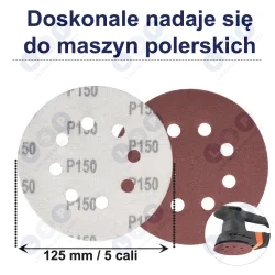 PAPIER ŚCIERNY 125 KRĄŻKI SAMOPRZYLEPNE NA RZEP Z OTWORAMI P150 X50