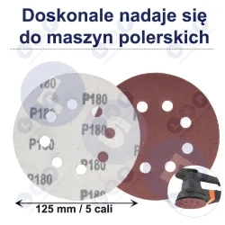PAPIER ŚCIERNY 125 KRĄŻKI SAMOPRZYLEPNE NA RZEP Z OTWORAMI P180 X10