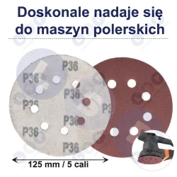 PAPIER ŚCIERNY 125 KRĄŻKI SAMOPRZYLEPNE NA RZEP Z OTWORAMI P36 X10