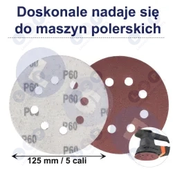 PAPIER ŚCIERNY 125 KRĄŻKI SAMOPRZYLEPNE NA RZEP Z OTWORAMI P60 X10