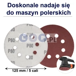 PAPIER ŚCIERNY 125 KRĄŻKI SAMOPRZYLEPNE NA RZEP Z OTWORAMI P80 X10