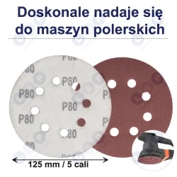 PAPIER ŚCIERNY 125 KRĄŻKI SAMOPRZYLEPNE NA RZEP Z OTWORAMI P80 X10