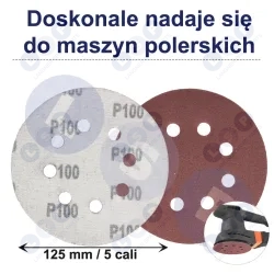 PAPIER ŚCIERNY 125 KRĄŻKI SAMOPRZYLEPNE NA RZEP Z OTWORAMI P100 X50