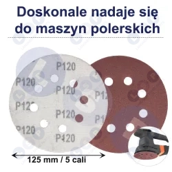 PAPIER ŚCIERNY 125 KRĄŻKI SAMOPRZYLEPNE NA RZEP Z OTWORAMI P120 X50