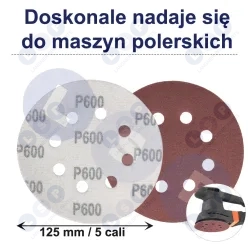 PAPIER ŚCIERNY 125 KRĄŻKI SAMOPRZYLEPNE NA RZEP Z OTWORAMI P600 X50