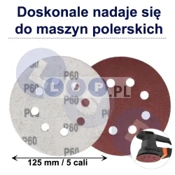 PAPIER ŚCIERNY 125 KRĄŻKI SAMOPRZYLEPNE NA RZEP Z OTWORAMI P60 X50