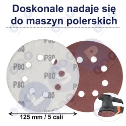 PAPIER ŚCIERNY 125 KRĄŻKI SAMOPRZYLEPNE NA RZEP Z OTWORAMI P80 X50