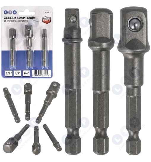 Zestaw do wkrętarki 3 adaptery do kluczy nasadowych 1/2" 3/8" 1/4"