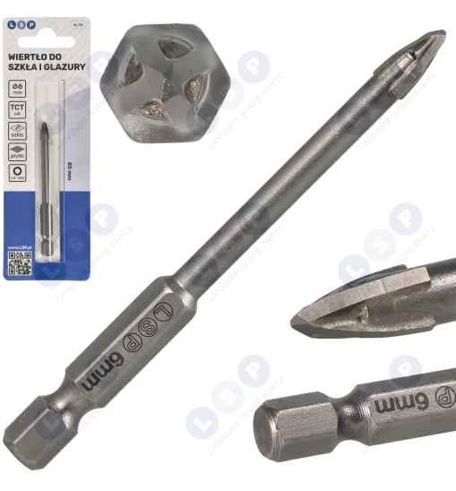 Wiertło do szkła ceramiki płytek 6mm HEX 1/4 85mm TCT 4 ostrzowe